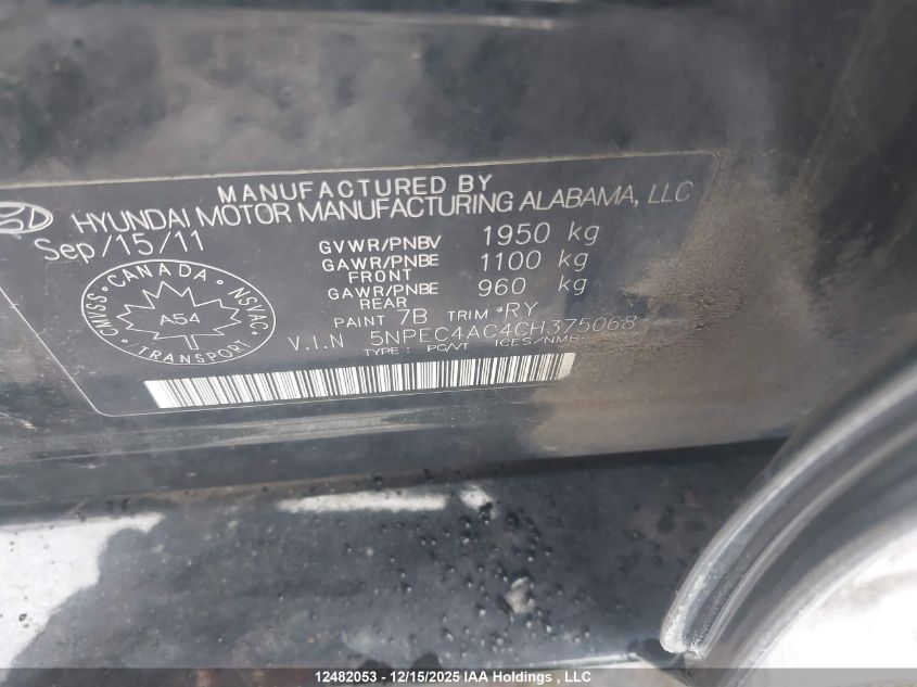 2012 Hyundai Sonata Se/Limited VIN: 5NPEC4AC4CH375068 Lot: 12482053