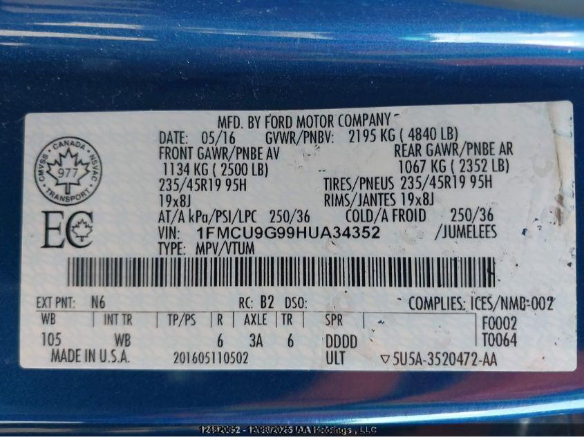 2017 Ford Escape Se VIN: 1FMCU9G99HUA34352 Lot: 12482085