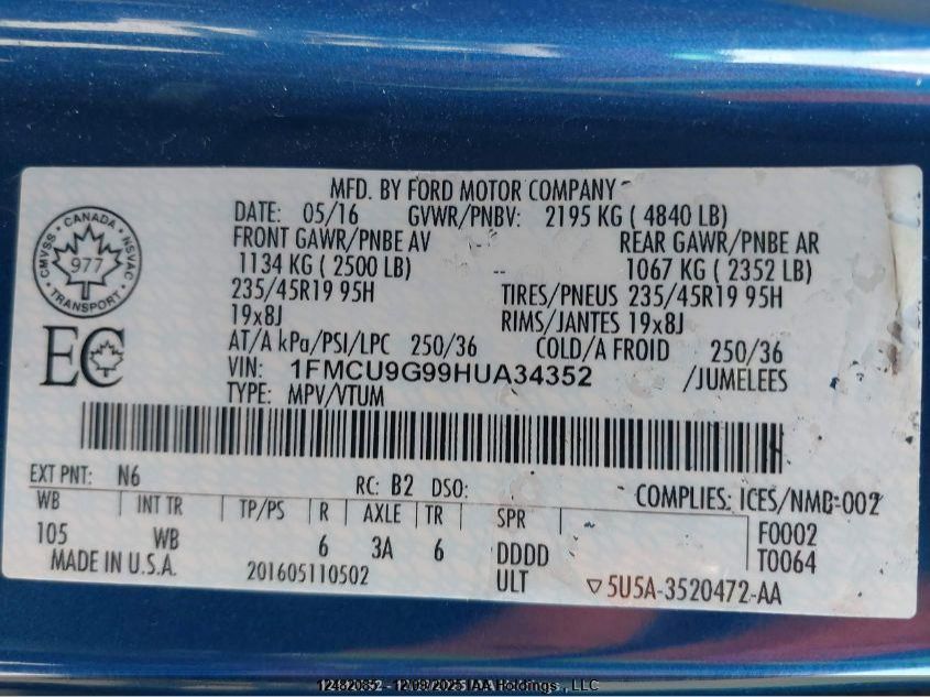 2017 Ford Escape Se VIN: 1FMCU9G99HUA34352 Lot: 12482085