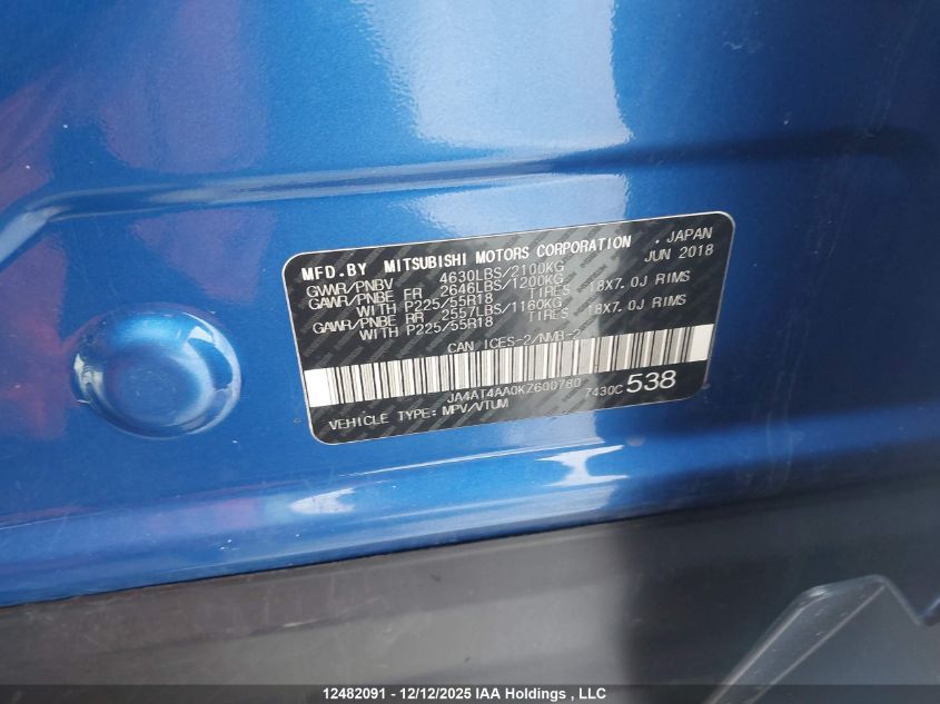 2019 Mitsubishi Eclipse Cross Gt/Se VIN: JA4AT4AA0KZ600780 Lot: 12482091