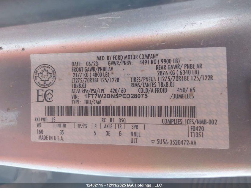 2023 Ford F250 Super Duty VIN: 1FT7W2BN5PED28075 Lot: 12482115