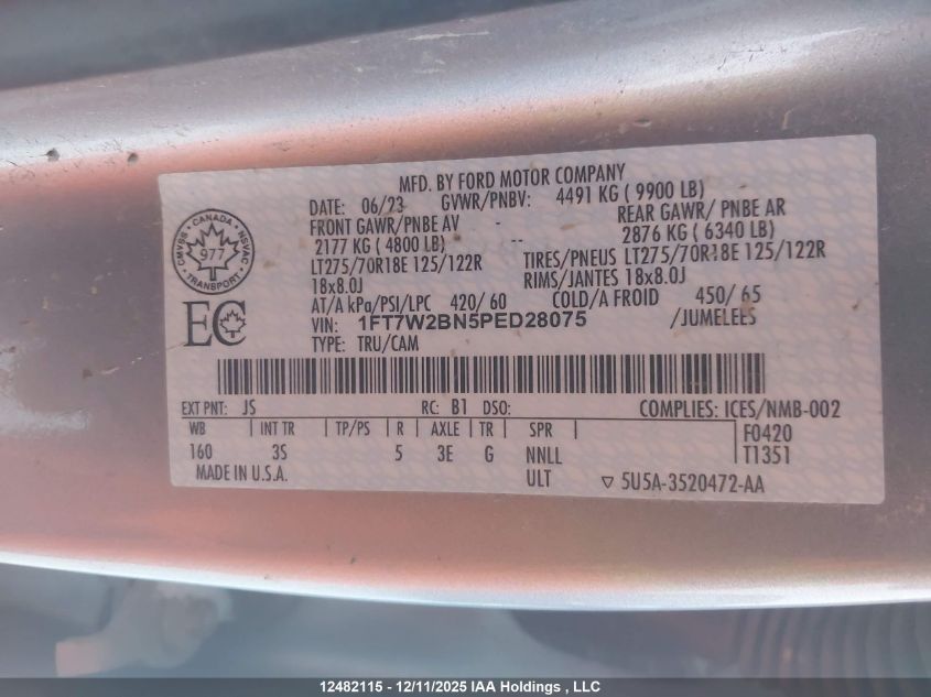 2023 Ford F250 Super Duty VIN: 1FT7W2BN5PED28075 Lot: 12482115