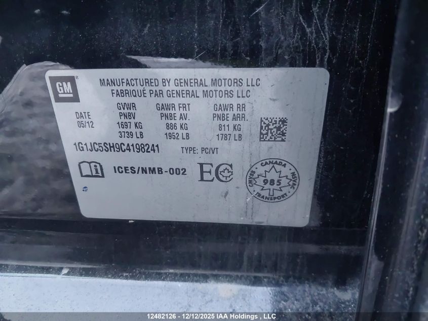 2012 Chevrolet Sonic Lt VIN: 1G1JC5SH9C4198241 Lot: 12482126