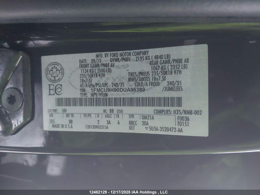 2013 Ford Escape VIN: 1FMCU9H90DUA96389 Lot: 12482129