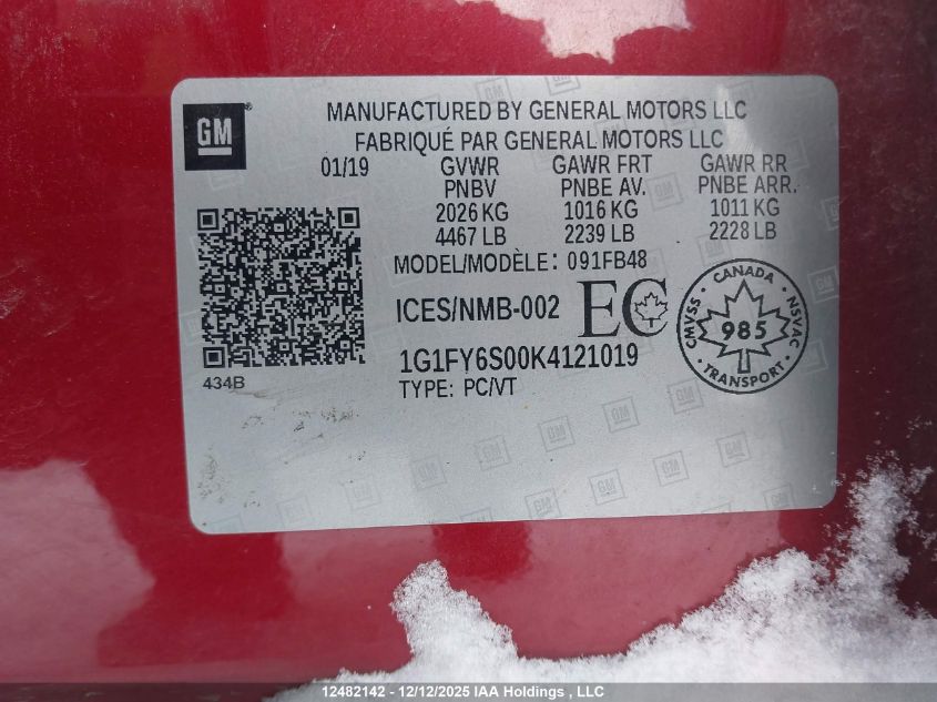 2019 Chevrolet Bolt Ev Lt VIN: 1G1FY6S00K4121019 Lot: 12482142