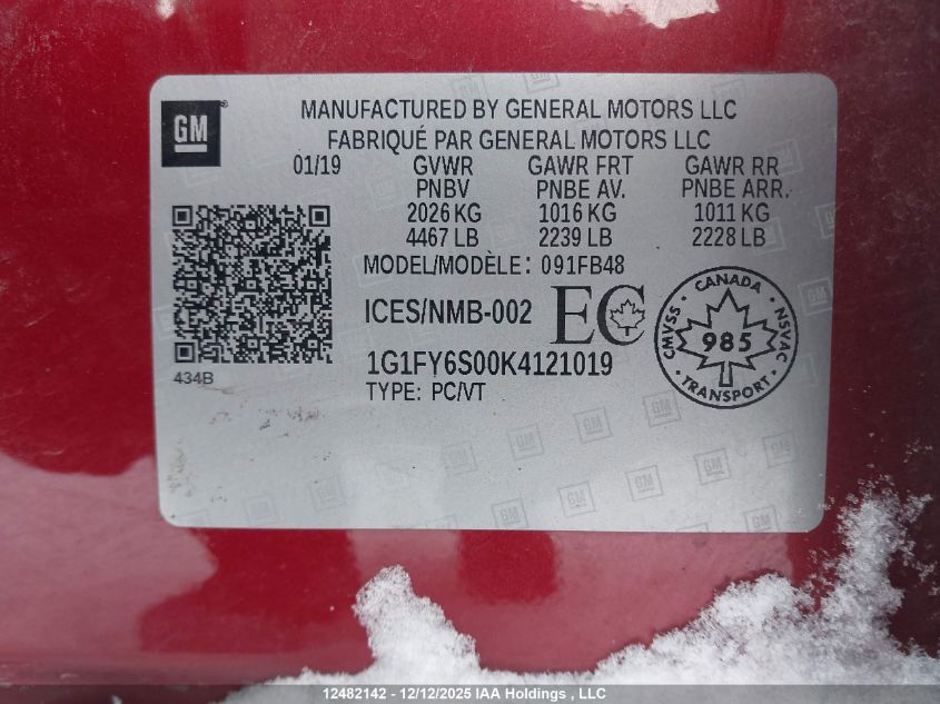 2019 Chevrolet Bolt Ev Lt VIN: 1G1FY6S00K4121019 Lot: 12482142