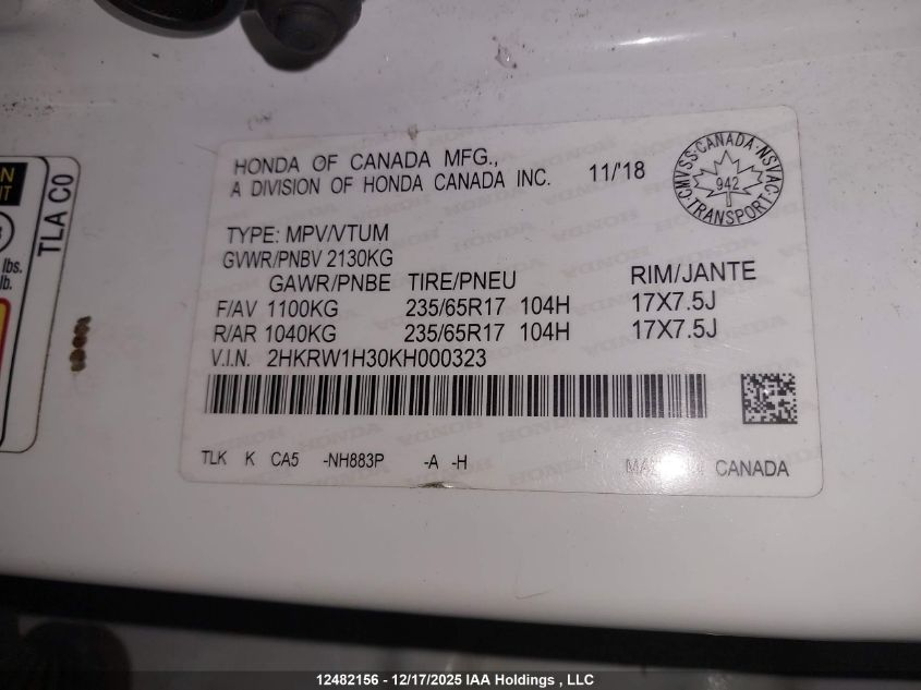 2019 Honda Cr-V Lx VIN: 2HKRW1H30KH000323 Lot: 12482156