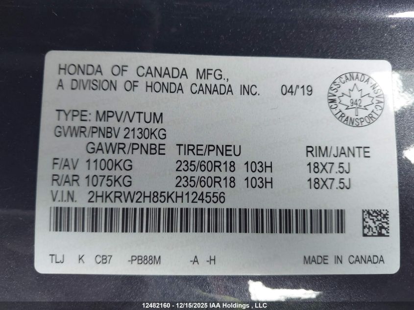 2019 Honda Cr-V Ex-L VIN: 2HKRW2H85KH124556 Lot: 12482160