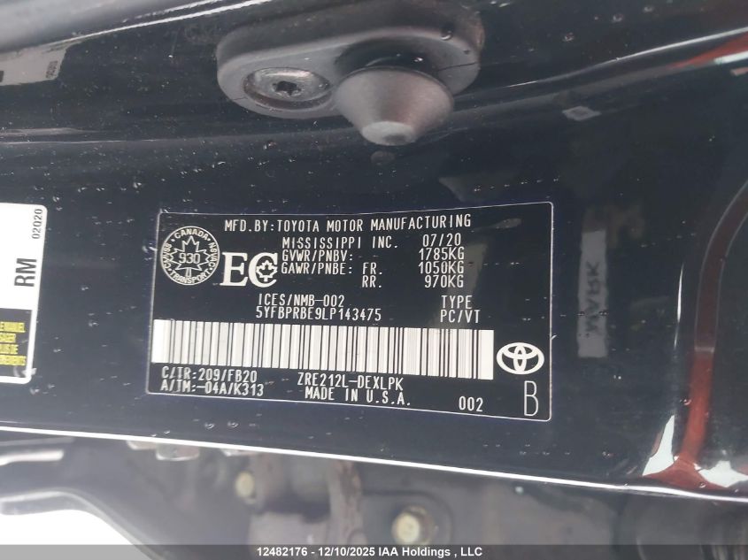 2020 Toyota Corolla Le VIN: 5YFBPRBE9LP143475 Lot: 12482176