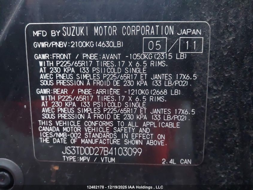 2011 Suzuki Grand Vitara Jx VIN: JS3TD0D27B4103099 Lot: 12482178