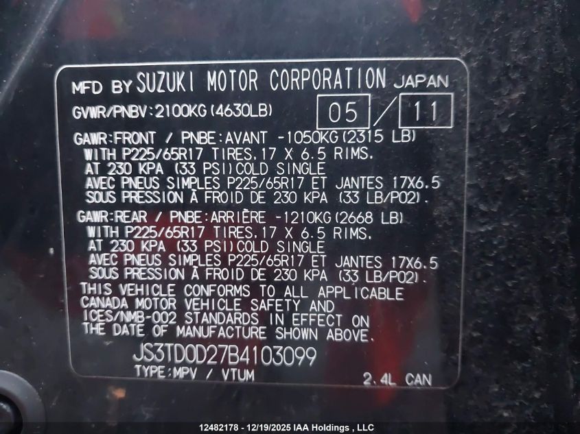 2011 Suzuki Grand Vitara Jx VIN: JS3TD0D27B4103099 Lot: 12482178