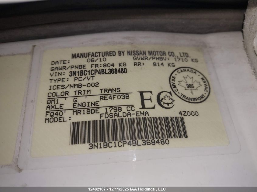 2011 Nissan Versa 1.8S VIN: 3N1BC1CP4BL368480 Lot: 12482187