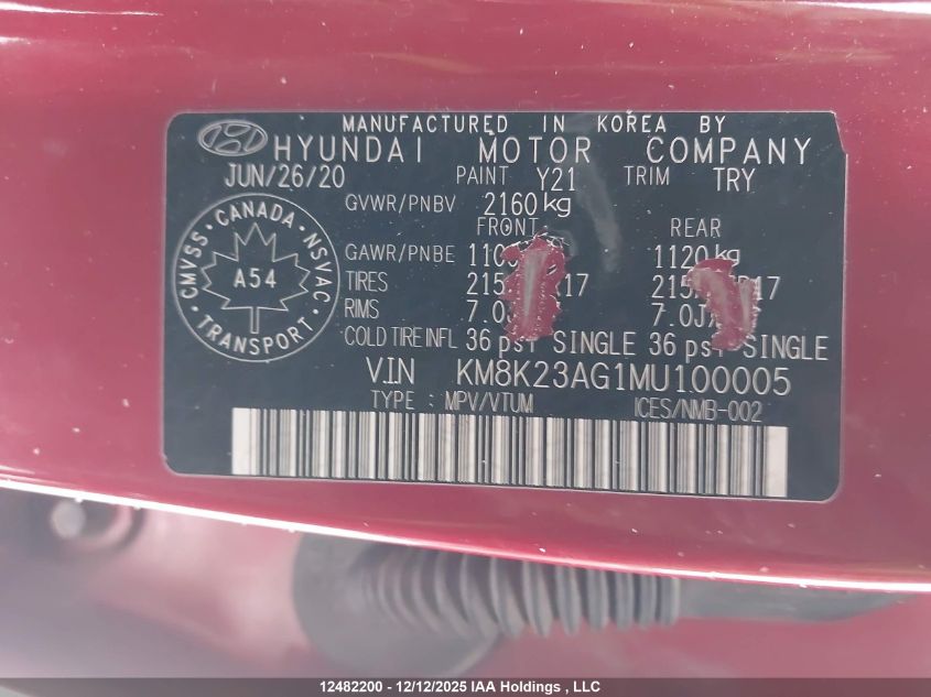 2021 Hyundai Kona Electric Preferred With Two-Tone Roof VIN: KM8K23AG1MU100005 Lot: 12482200