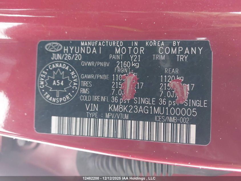 2021 Hyundai Kona Electric Preferred With Two-Tone Roof VIN: KM8K23AG1MU100005 Lot: 12482200