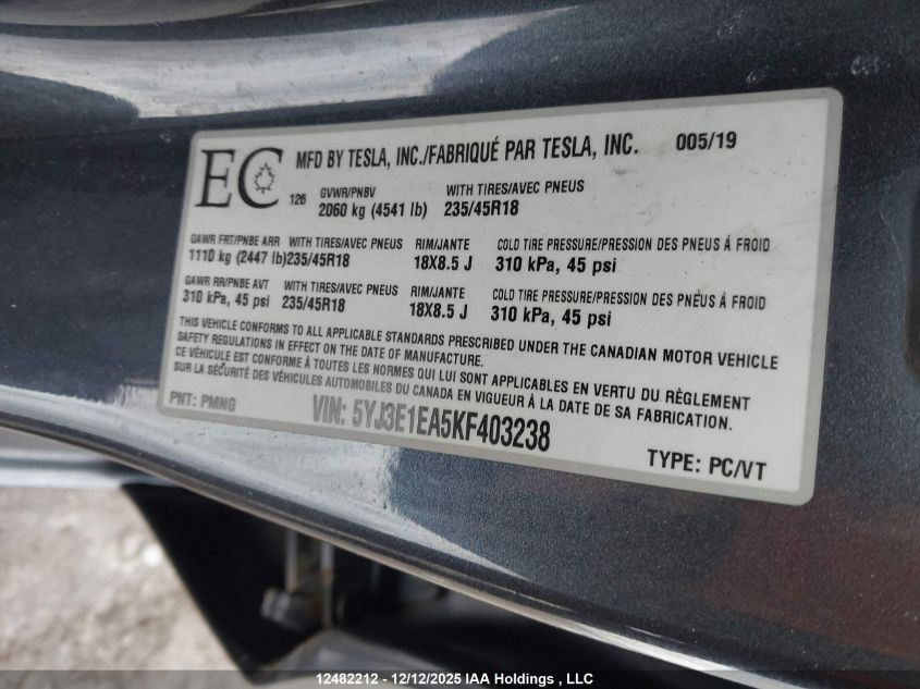 2019 Tesla Model 3 Long Range/Mid Range/Standard Range/Standard Range Plus VIN: 5YJ3E1EA5KF403238 Lot: 12482212