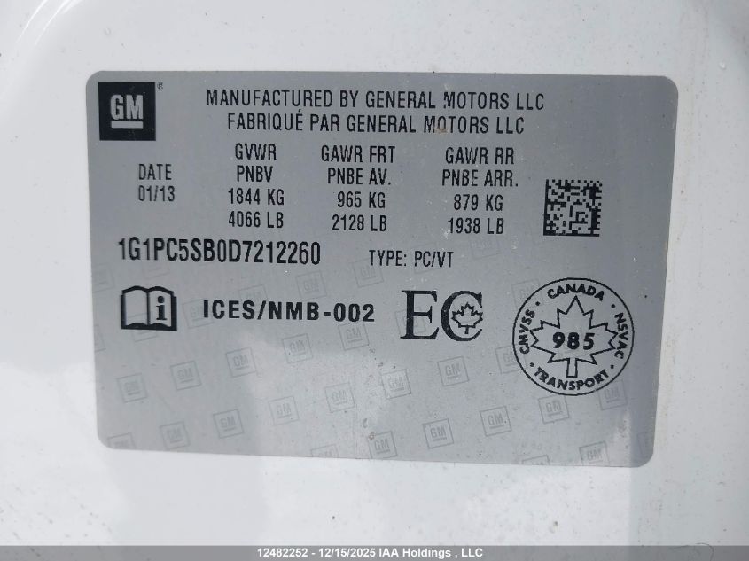 2013 Chevrolet Cruze Lt Turbo VIN: 1G1PC5SB0D7212260 Lot: 12482252