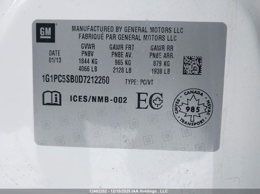 2013 Chevrolet Cruze Lt Turbo VIN: 1G1PC5SB0D7212260 Lot: 12482252