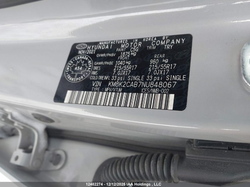 2022 Hyundai Kona Preferred Awd VIN: KM8K2CAB7NU848067 Lot: 12482274