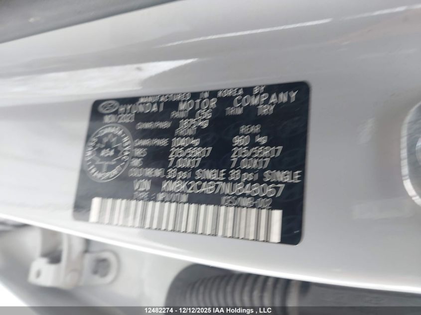 2022 Hyundai Kona Preferred Awd VIN: KM8K2CAB7NU848067 Lot: 12482274