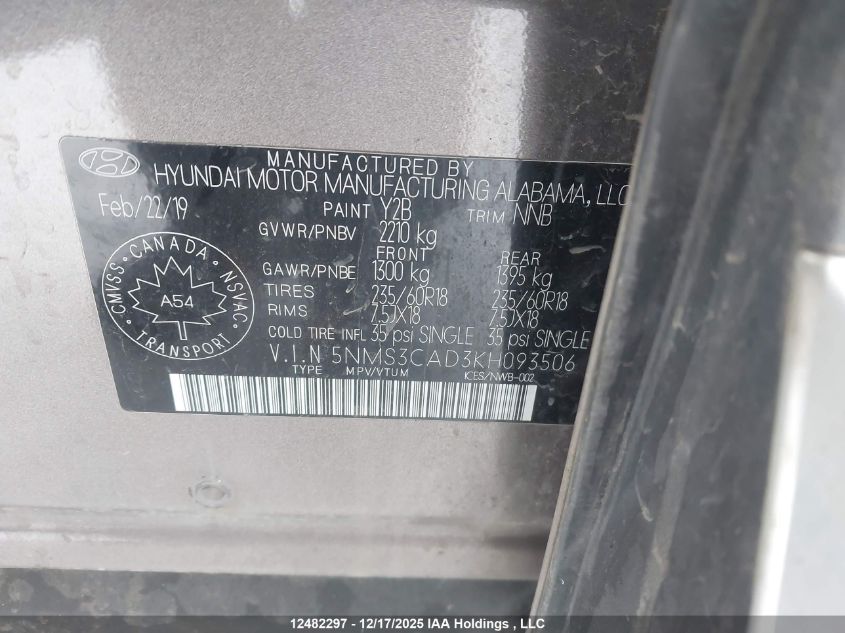 2019 Hyundai Santa Fe Preferred 2.4 VIN: 5NMS3CAD3KH093506 Lot: 12482297