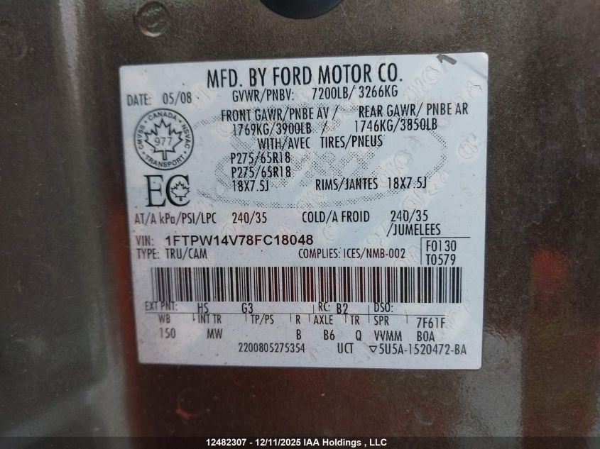 2008 Ford F-150 Xlt VIN: 1FTPW14V78FC18048 Lot: 12482307