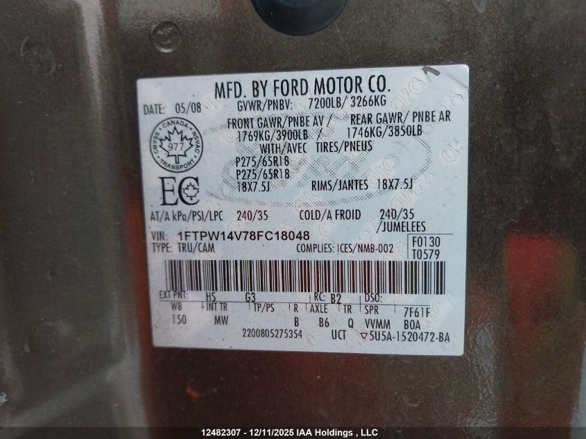 2008 Ford F-150 Xlt VIN: 1FTPW14V78FC18048 Lot: 12482307