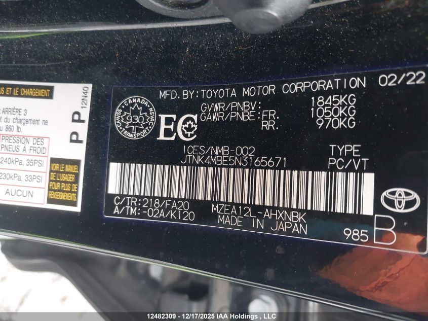 2022 Toyota Corolla Se VIN: JTNK4MBE5N3165671 Lot: 12482309