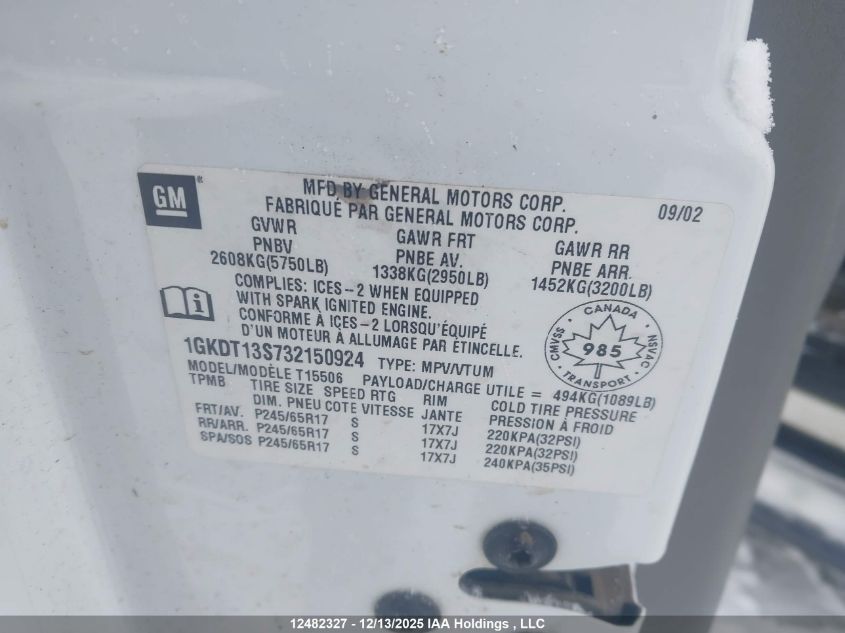 2003 GMC Envoy Sle/Slt VIN: 1GKDT13S732150924 Lot: 12482327