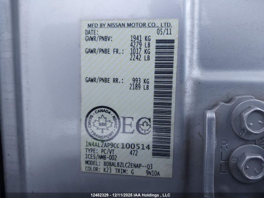 2012 Nissan Altima S VIN: 1N4AL2AP9CC100514 Lot: 12482329