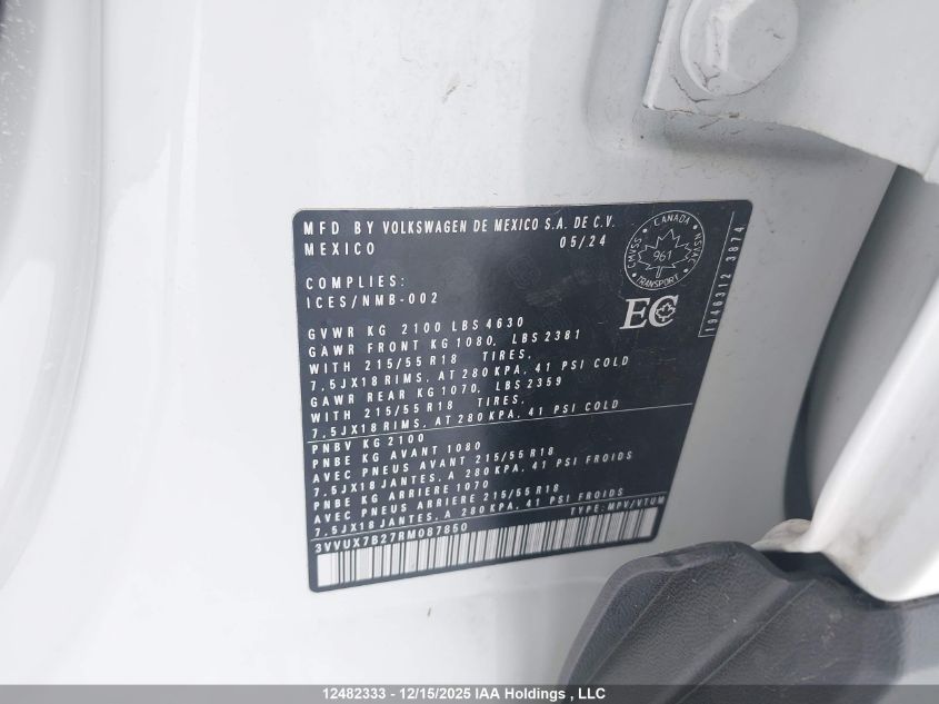 2024 Volkswagen Taos Se VIN: 3VVUX7B27RM087850 Lot: 12482333