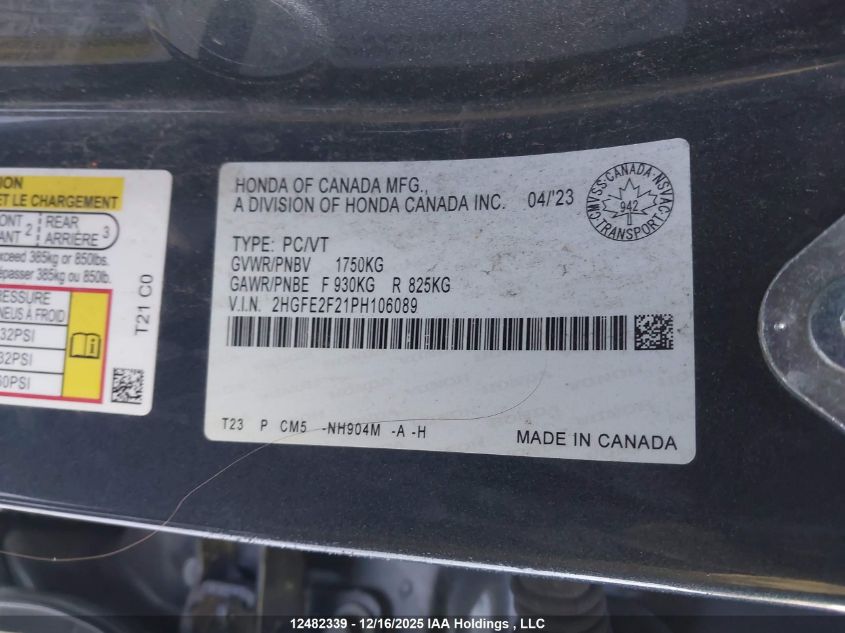 2023 Honda Civic Lx/Lx-B VIN: 2HGFE2F21PH106089 Lot: 12482339