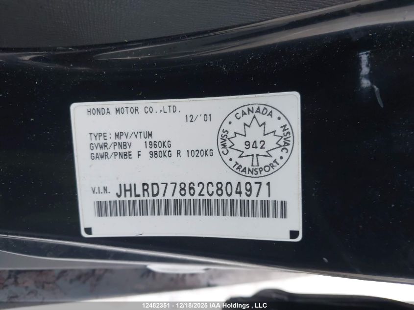 2002 Honda Cr-V Ex VIN: JHLRD77862C804971 Lot: 12482351
