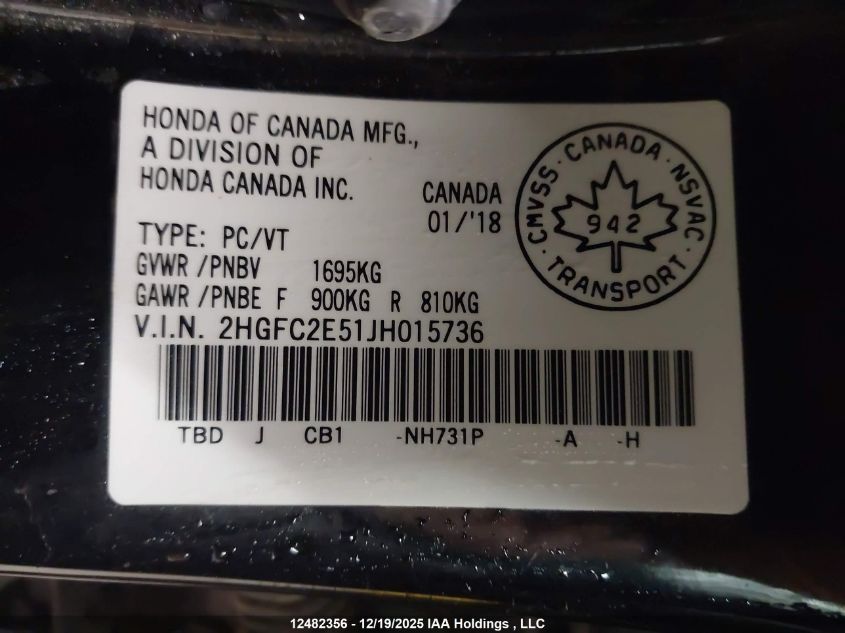 2018 Honda Civic Lx VIN: 2HGFC2E51JH015736 Lot: 12482356