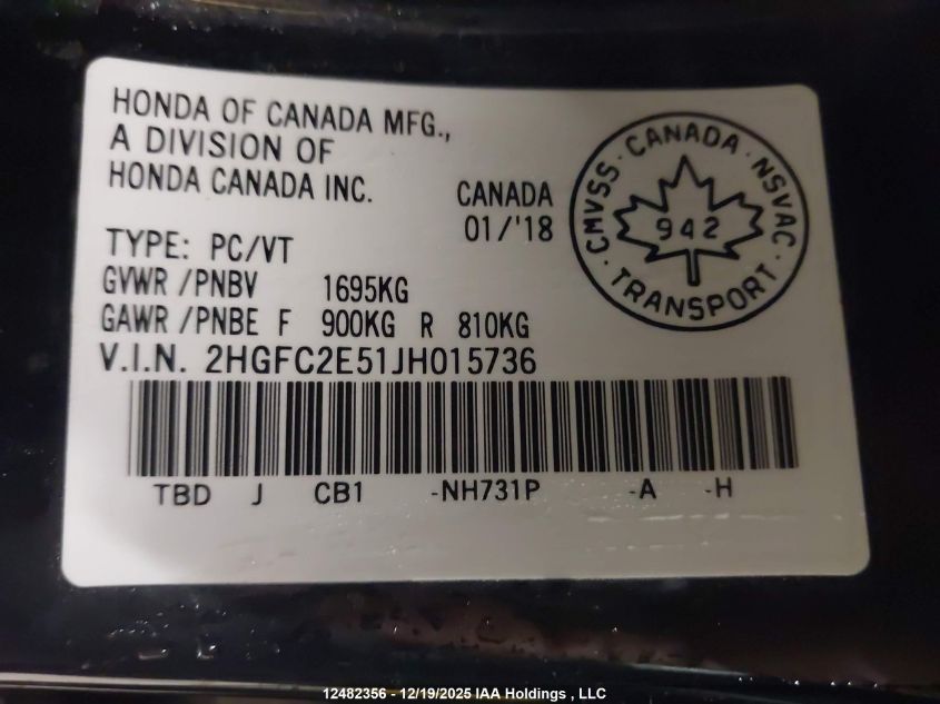 2018 Honda Civic Lx VIN: 2HGFC2E51JH015736 Lot: 12482356
