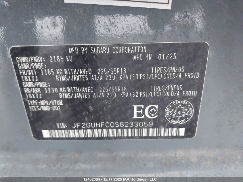 2025 Subaru Crosstrek Onyx VIN: JF2GUHFC0S8233059 Lot: 12482384