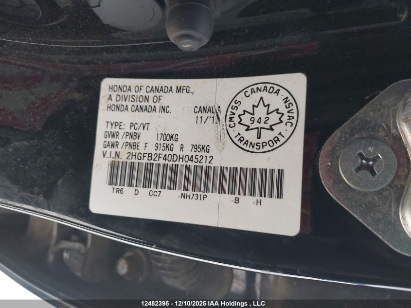 2013 Honda Civic Lx VIN: 2HGFB2F40DH045212 Lot: 12482395