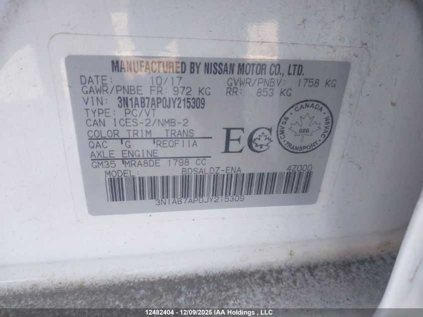 2018 Nissan Sentra 1.8 S/1.8 Sv/1.8 Sv Midnight Edition VIN: 3N1AB7AP0JY215309 Lot: 12482404