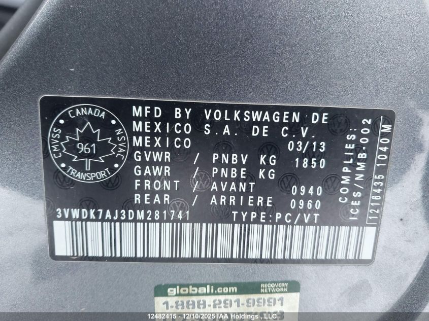 2013 Volkswagen Jetta VIN: 3VWDK7AJ3DM281741 Lot: 12482415