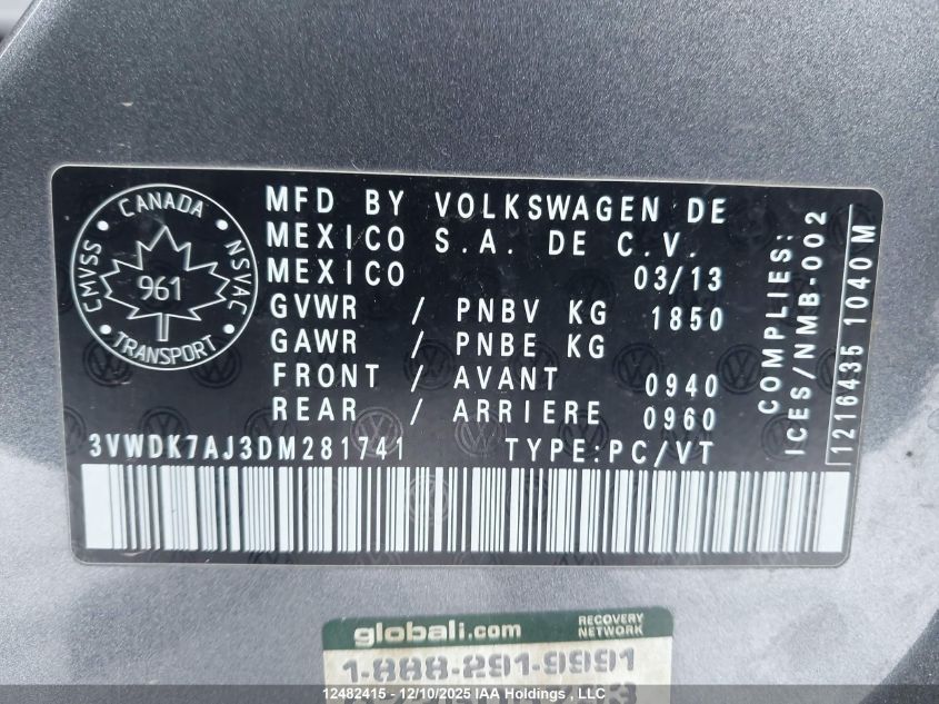 2013 Volkswagen Jetta VIN: 3VWDK7AJ3DM281741 Lot: 12482415