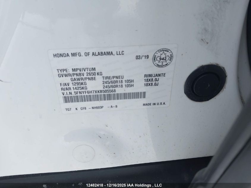 2019 Honda Pilot Ex-L Navi VIN: 5FNYF6H7XKB505568 Lot: 12482418