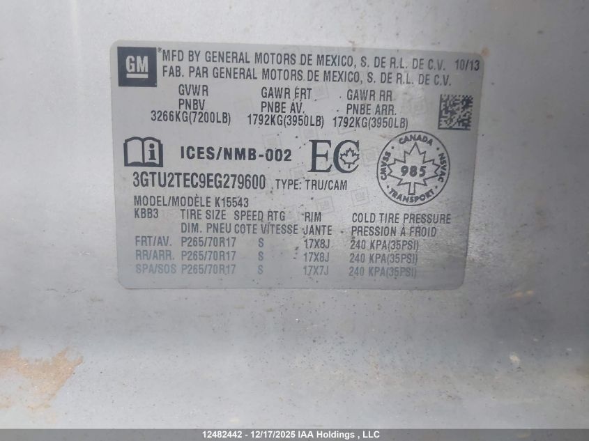 2014 GMC Sierra 1500 VIN: 3GTU2TEC9EG279600 Lot: 12482442