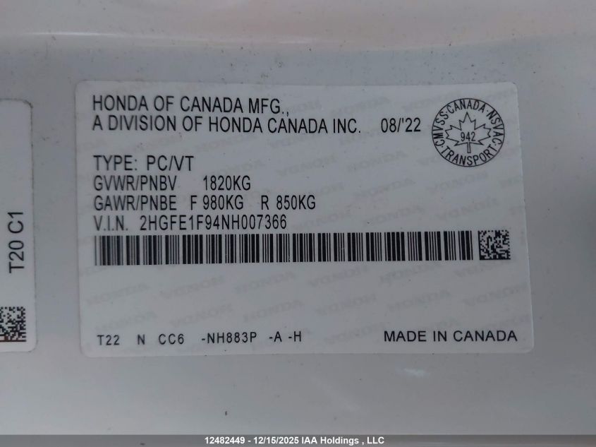 2022 Honda Civic Sedan VIN: 2HGFE1F94NH007366 Lot: 12482449