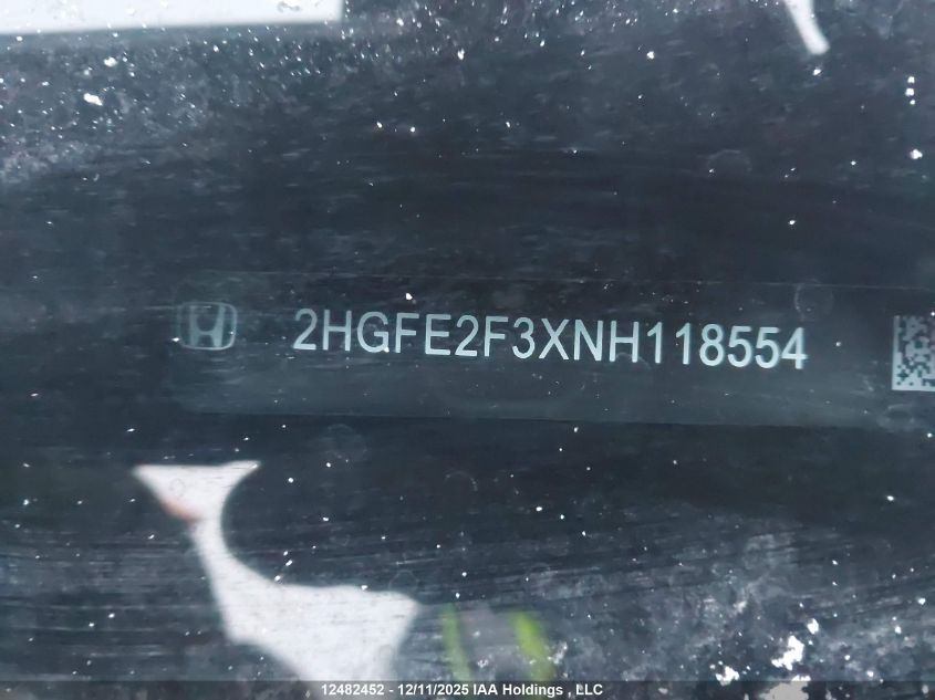 2022 Honda Civic VIN: 2HGFE2F3XNH118554 Lot: 12482452
