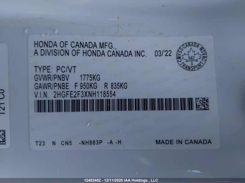 2022 Honda Civic VIN: 2HGFE2F3XNH118554 Lot: 12482452