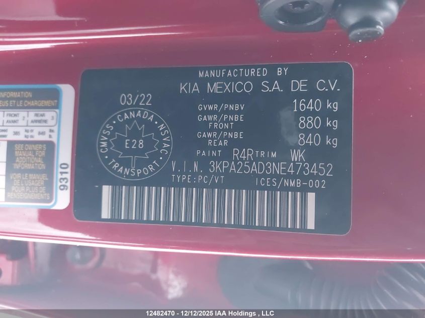 2022 Kia Rio Lx Premium/Lx+ VIN: 3KPA25AD3NE473452 Lot: 12482470