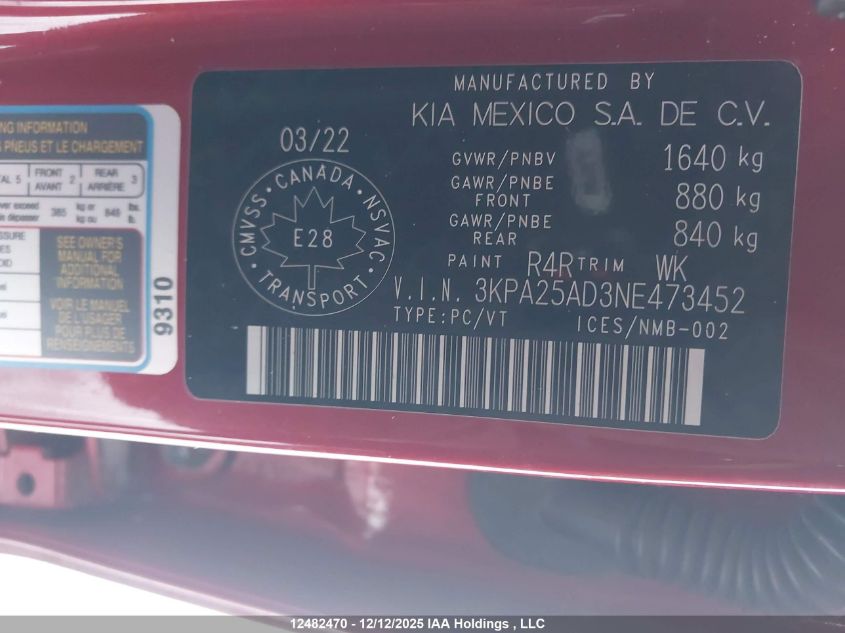 2022 Kia Rio Lx Premium/Lx+ VIN: 3KPA25AD3NE473452 Lot: 12482470