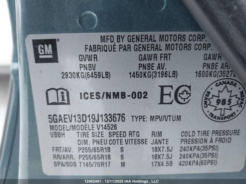 2009 Buick Enclave Cx VIN: 5GAEV13D19J133676 Lot: 12482481