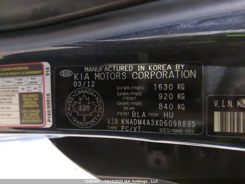 2013 Kia Rio Lx VIN: KNADM4A3XD6098895 Lot: 12482487