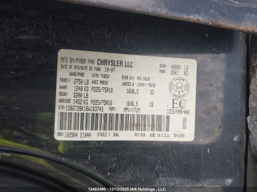 2008 Dodge Nitro Se/Sxt VIN: 1D8GT28K18W163743 Lot: 12482490