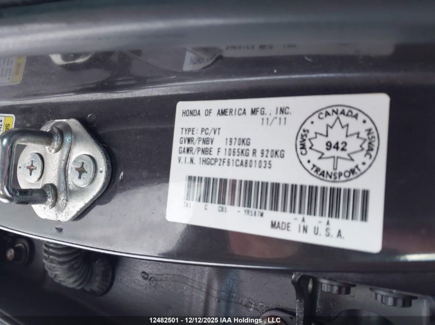 2012 Honda Accord Se VIN: 1HGCP2F61CA801035 Lot: 12482501
